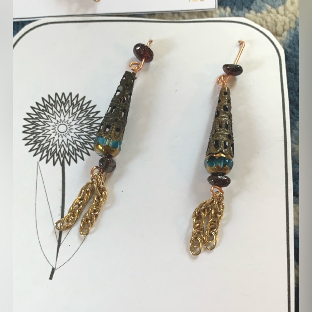 Hand‎ Crafted Gold and Black Teardrop Earrings with Tassels